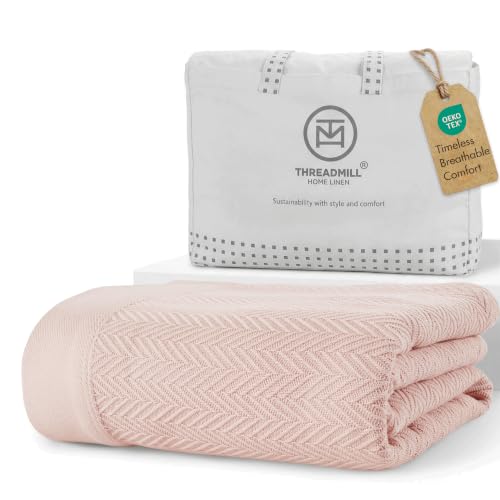 Threadmill Luxury 100% Cotton King Herringbone Blanket, English Rose - color: English Rose, size: King (106" x 92")