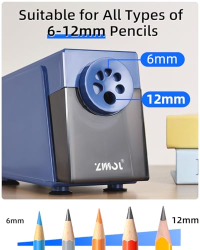 ZMOL Electric Pencil Sharpener,Heavy Duty for Classroom, 6-12mm,Blue | Auto Stop,6 Holes,Plug-in, 3 Tip Adjustments,Fits 6–12mm No.2 & Colored Pencils for School/Home/Teachers - color: Blue