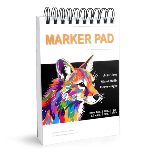 Marker Pad 8.3x5.5 Inch A5– 60 Sheets, 200gsm, Spiral Sketchbook | Bleed-Proof Drawing Paper for Alcohol Markers, Colored Pencils & Mixed Media | Acid-Free Art Pad for Artists & Adults - size: 8.3x5.5