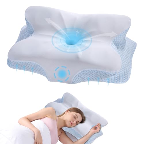 Cervical Neck Pillow - Memory Foam Pillow for Neck Support and Pain Relief, Ergonomic Contour Pillow for Side Back and Stomach Sleepers, Soft and Cooling Ice Silk Washable Pillowcase - color: White-blue