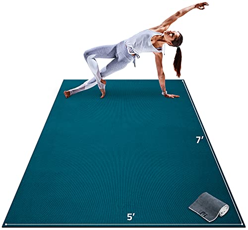 Gorilla Mats Large Yoga Mat – 6'x4', 7'x5' (8mm) Extra Thick & Wide Non-Slip Exercise Mat for Home Gym Flooring – Ultra Comfortable Workout Floor Mat for Barefoot Fitness, Anti Fatigue, Stretching - color: Oasis Blue Mat with Gray Towel, 2 Storage Straps