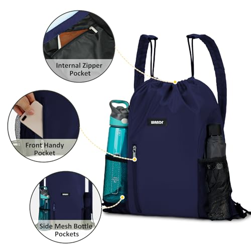WANDF Drawstring Backpack, Gym String Bag with Shoulder Pad - color: M, Navy Blue, size: Medium
