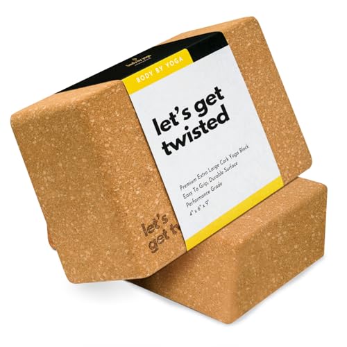 Cork Yoga Blocks 2 Pack – Premium Cork Grain, Highly Stable, Chip Resistant | Extra Large 4" x 6" x 9", No Wobble, Heavy Duty, Durable, Crumble-Free, Comfort Edges, Artisanally Crafted, Yoga Strap Set - color: Let's Get Twisted