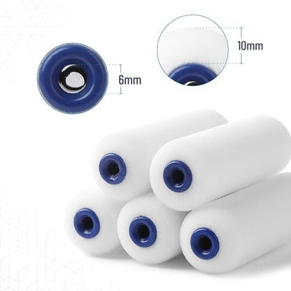 Bates- 4 Inch Foam Paint Roller Set, 15 pcs, Small Paint Roller Kit, 1x Black Plastic Paint Tray, 3X Transparent Tray Liners, 1x Roller Frame & 10x White Foam Covers