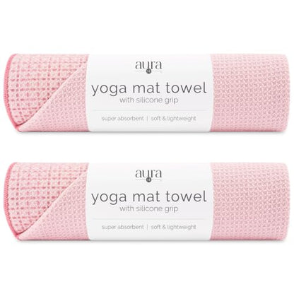 S&T INC. Aura Microfiber Yoga Mat Towel with Grip, 2 Pack, 24" x 72", Pink | Silicone Grip Backing, Soft and Absorbent, Quick-Dry for Gym, Pilates, and Hot Yoga, Compact for Gym Bag, Machine Washable - color: Pink 2pk