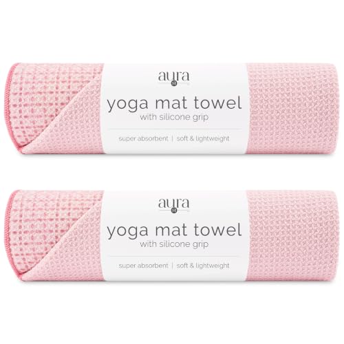 S&T INC. Aura Microfiber Yoga Mat Towel with Grip, 2 Pack, 24" x 72", Pink | Silicone Grip Backing, Soft and Absorbent, Quick-Dry for Gym, Pilates, and Hot Yoga, Compact for Gym Bag, Machine Washable - color: Pink 2pk