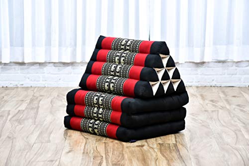 Leewadee - Comfortable Japanese Floor Mattress - Thai Floor Bed with Triangle Cushion - Futon Mattress - Thai Massage Mat, 67 x 21 inches, Black Red, Kapok Filling | Floor & lounge cushion for relaxing, reading & TV - for meditation & yoga, firm & stable