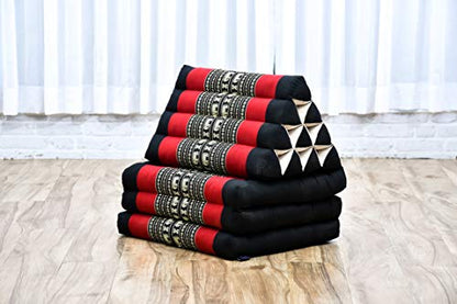 Leewadee - Comfortable Japanese Floor Mattress - Thai Floor Bed with Triangle Cushion - Futon Mattress - Thai Massage Mat, 67 x 21 inches, Black Red, Kapok Filling | Floor & lounge cushion for relaxing, reading & TV - for meditation & yoga, firm & stable