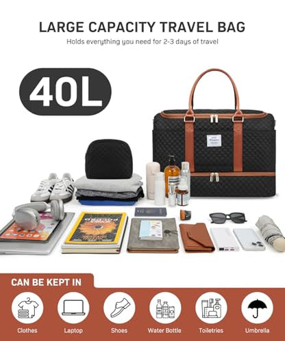 WINDARS Travel Duffle Bag, Weekender Bags for Women with Shoe Compartment, Overnight Bag with Toiletry Bag, Carry On Duffel Bags For Airplanes, Yoga Gym Duffel Bag, Black Brown - color: Black Brown