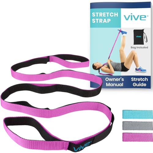 Vive Stretch Strap (75" - 10 Loops) - Leg Stretch Band to Improve Flexibility - Stretching Out Yoga Strap - Exercise and Physical Therapy Belt for Rehab, Pilates and Gymnastics with Guide Book - color: Pink