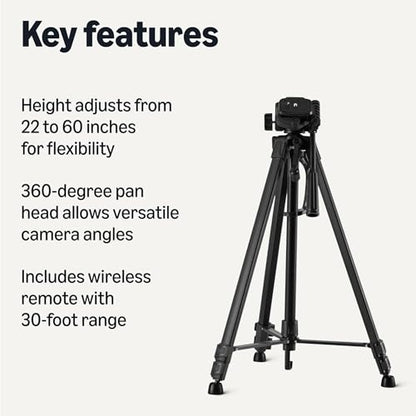 Amazon Basics 60" Lightweight Tripod for Camera and Phone with Travel Bag, Remote Control, Phone Holder, Height Adjustable, Flexible Positioning, Wireless Capability, Aluminum, Black - size: 60-in, style: Tripod with Remote & Phone Holder