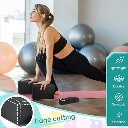 Meooeck 18 Pcs Yoga Blocks and Strap Set Include 12 EVA Foam Yoga Blocks Bulk 9"x6"x3" with 6 Adjustable 8 ft Straps D Ring Non Slip Props for Stretching Pilates Workout Studio Home Gym - color: black