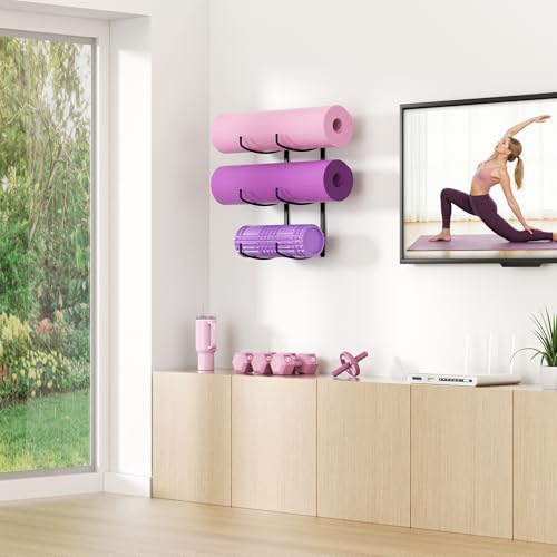 Yoga Mat Holder Wall Mount, 3-Tier Yoga Mat Storage Rack for Gym, Black - color: Black