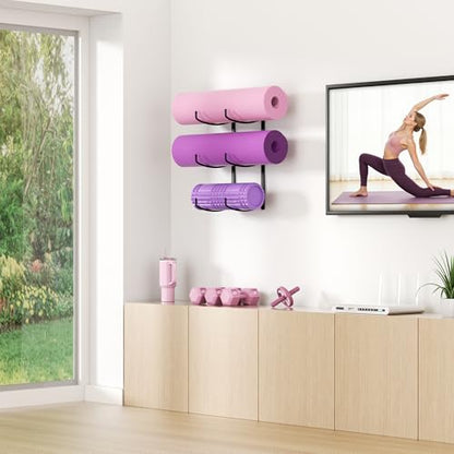 Yoga Mat Holder Wall Mount, 3-Tier Yoga Mat Storage Rack for Gym, Black - color: Black