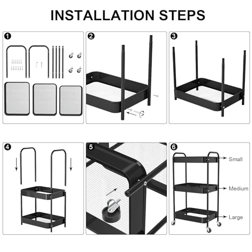 3-Tier Rolling Cart, Metal Utility Storage Carts with Wheels, Black | Multi-Functional Organizer Snack Cart Easy Assembly - color: Black