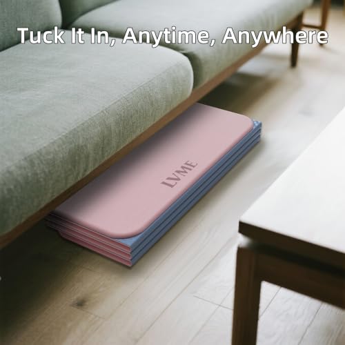LVME Foldable Yoga Mat, 71"x24"x1/3" Thick(8mm), Non Slip Exercise Mat - color: Dusty Pink + Silver Blue