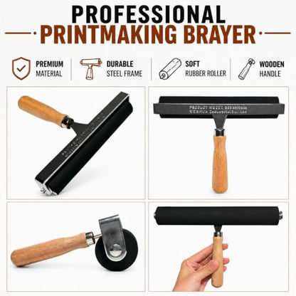 Soft Rubber Brayer – 45A Durometer Printmaking Roller, 8 Inch, for Gel Printing, Linocut & Block Printing, Heavy-Duty Steel Frame with Wood Handle - size: 8 in