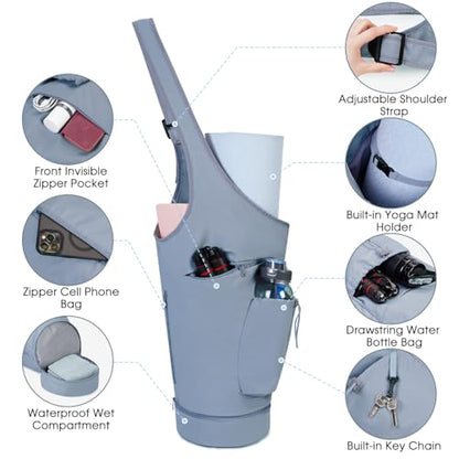 sportsnew Yoga Mat Bag, Large Opening Long Tote Yoga Mat Carrier Holder Bag with Waterproof Wet Pocket and Drawstring Water Bottle Pocket, Adjustable Shoulder Strap Storage Bag, patent pending - color: Blue