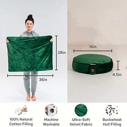 Mindful & Modern Meditation Cushion and Zabuton Meditation Mat Bundle - Premium Luxury Velvet Meditation Cushion Set for Yoga - Buckwheat Zafu Floor Pillow and Rectangular Mat - Emerald Green Color