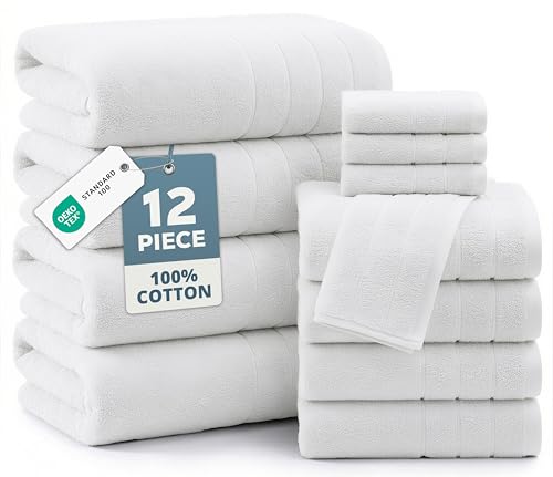 Casa Platino Bath Towel Set 100% Cotton 12 Piece Soft Absorbent - White | Bathroom Towels - Generously Sized, Oversized & Roomy, Lightweight & Breathable, Fade-Resistant Color, Classic Terry Weave - color: 01: White, size: 12 Piece Towel Set