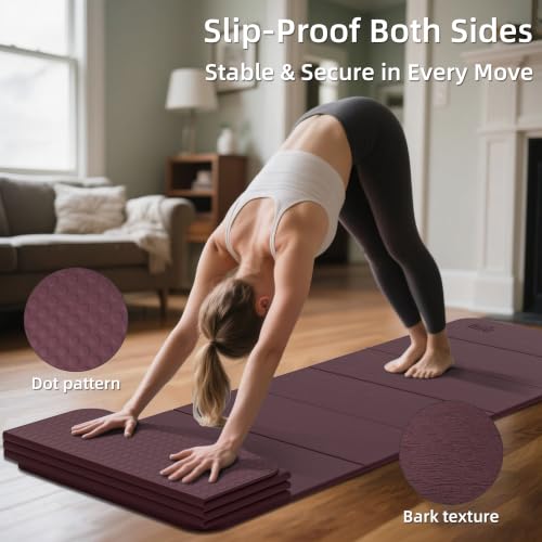 WEILA 1/2 Inch 70"x24" Foldable TPE Yoga Mat, Thick Non Slip Pilates Mat - color: Wine Red