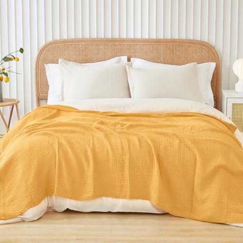EMME Cotton Muslin Large Throw Blanket Couch Breathable Gauze Soft Lightweight Bed Blankets Adults (Heather Yellow, 50"x70") - color: 12 - Yellow, size: Large Throw (50" X 70")