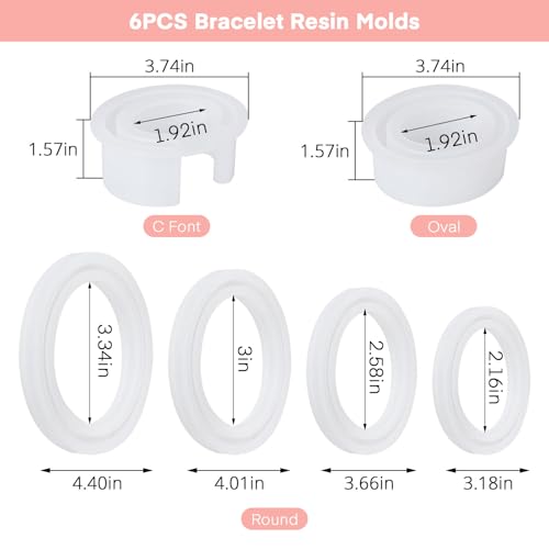 Gartful 6PCS Large Bracelet Resin Molds, Round C Font Silicone Jewelry Mold for Epoxy Casting, Silicone Bangle Mold for Making DIY Crafts Supplies, 6 Sizes - style: Bracelet