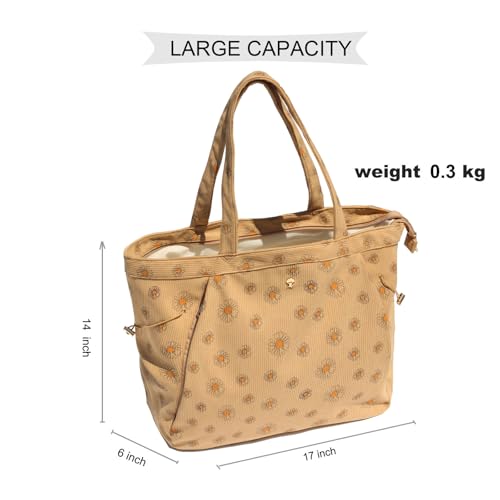 ESVAN Corduroy Yoga Tote Bag Gifts for Women Drawstring Yoga Mat Bag for Office Workout Travel Carryall Pilates Gym - color: Brown Flower