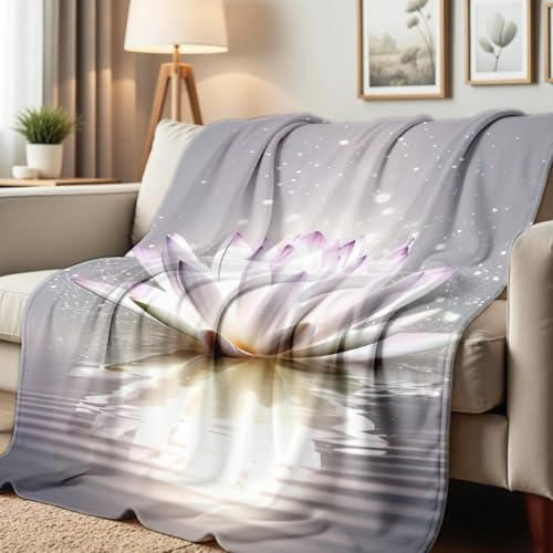 Lotus Flower on Water Print Blanket White Floral Throw Blanket Zen Flannel Throw for Couch Bed Office Yoga Room Meditation Spa Decor Gifts (49"x59") - color: Gray, size: 49"x59"