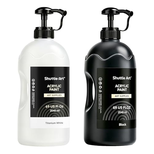 Shuttle Art Titanium White & Black Acrylic Paint Set, 2×69oz/2040ml Large Capacity Pump Bottles with Covers, High Coverage, Fast Drying Non-Toxic Art Paint for Artists, Students, Kids & DIY Crafts