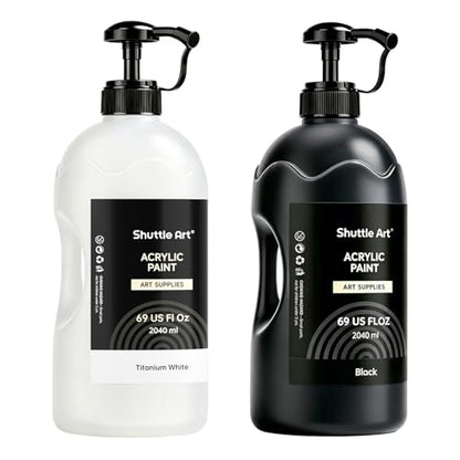 Shuttle Art Titanium White & Black Acrylic Paint Set, 2×69oz/2040ml Large Capacity Pump Bottles with Covers, High Coverage, Fast Drying Non-Toxic Art Paint for Artists, Students, Kids & DIY Crafts