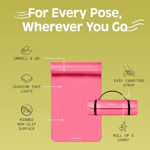 Retrospec Solana Yoga Mat Thick 1/2in Non-Slip Workout Mat with Nylon Strap - 72x24in Exercise Mat for Pilates, Stretching & Fitness - BPA Free, Easy Clean - color: Pink Dahlia