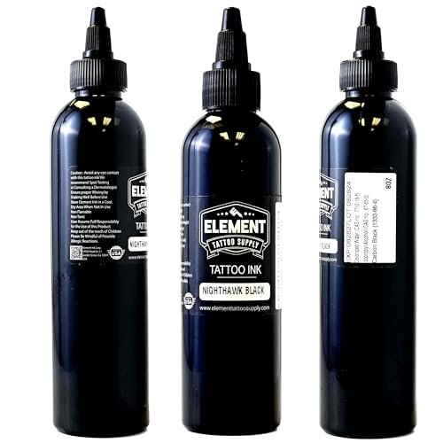 Element Tattoo Supply Black Tattoo Ink 8oz Bottle | Professional Black Ink | USA made formula, smooth reliable flow, deep bold saturation, ideal for lining and shading, trusted by professional artists - size: 8oz