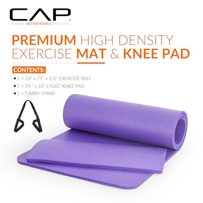 CAP Barbell 1/2-Inch High Density Exercise Yoga Mat with Strap | Multiple Options - color: Purple, style: Yoga Mat w/Knee Pad