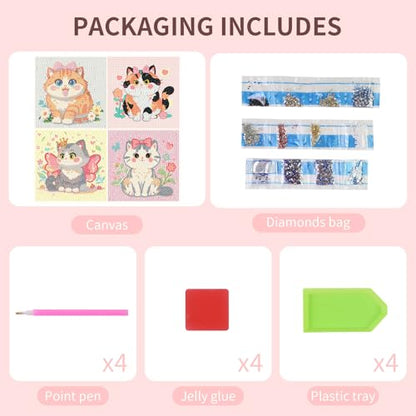 FlyingMage 5D Diamond Art Kits for Adults, Kawaii DIY Painting Art for Women, 4 Pack Cute Diamond Arts and Crafts Sets, Diamond Art Mosaic Kits,Big Gem Full Drill Diamond Dots, Cat - color: Multicolor Cute Cat