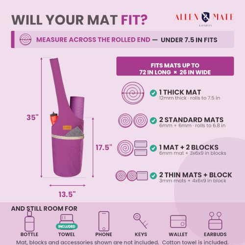 ALLEN & MATE 100% Cotton Canvas Yoga Mat Bag, Fits Mats up to 72 In Long and 7.5 In Thick, Wide Shoulder Strap, Zip Pocket, Blue Stripe - color: Purple