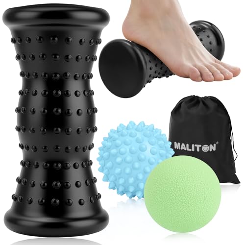 Maliton 마사지 볼 및 풋 롤러 - 뾰족한 볼, 라크로스 볼, 마사지 롤러가 있는 3-in-1 세트 - 족저근막염 완화 및 뒤꿈치 박차 통증, 딥 근육 마사지를 위한 유발점 테라피.