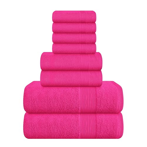 Belizzi Home 8 Piece Towel Set 100% Ring Spun Cotton, 2 Bath Towels 27x54, 2 Hand Towels 16x28 and 4 Washcloths 13x13 - Ultra Soft Highly Absorbent Machine Washable Hotel Spa Quality - Hot Pink - color: Hot Pink, size: 8 Piece Towel Set