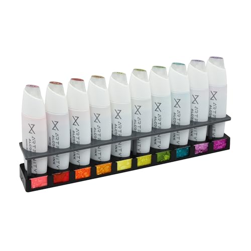 Artfinity Alcohol Ink Sweet Tooth Set of 10 Colors (25 ml) with Free Acrylic Stand - for Painting or Alcohol Marker Refill Ink, Acid-Free, Fast-Drying, Permanent, Transparent, Swatch Template - color: Sweet Tooth