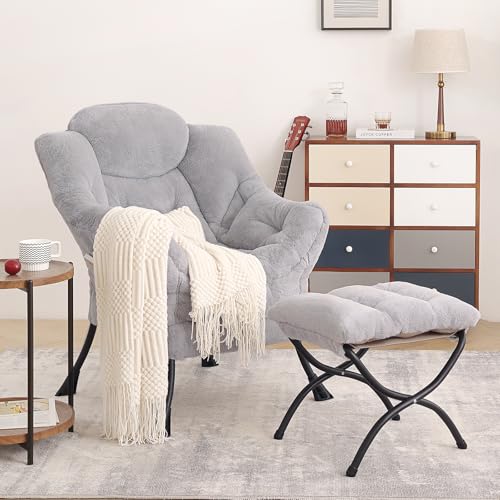 Tiita Lazy Chair with Ottoman, Comfy Reading Accent Chair, Plush Light Grey - color: Plush-light Grey