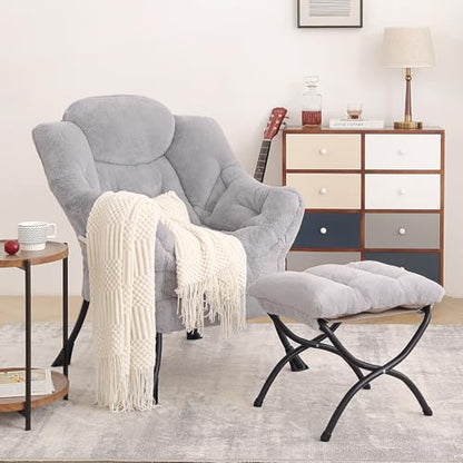 Tiita Lazy Chair with Ottoman, Comfy Reading Accent Chair, Plush Light Grey - color: Plush-light Grey