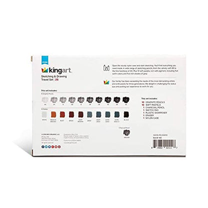 KINGART DRAWING & SKETCHING 25 pc. TRAVEL SET, Graphite, and Charcoal Pencils & Pastels plus Supplies, Art Drawing Kit for Adults, Teens, Beginner to Pro, Ideal for Shading, Blending, 25 pc.