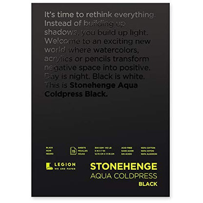 Stonehenge Aqua Black Medium Weight Pad, 140lb, Coldpress, 5 x 7 Inches, 15 Sheets for Wet and Dry Media - size: 5 x 7