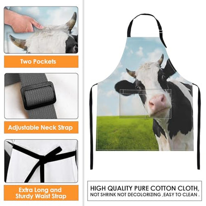Apron with Pockets, 32x28 inch, for Women Men, Cow Green | Funny Grassland Waterproof Adjustable Bib Aprons for Kitchen Cooking Baking Painting Gardening - color: Green