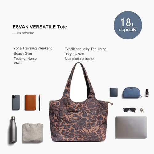 ESVAN Yoga Tote Bag Mat bag Women Shoulder Bags Carryall Tote for Travel Office Workout Gym Nurse Beach - color: Canvas Brown Leopard Print