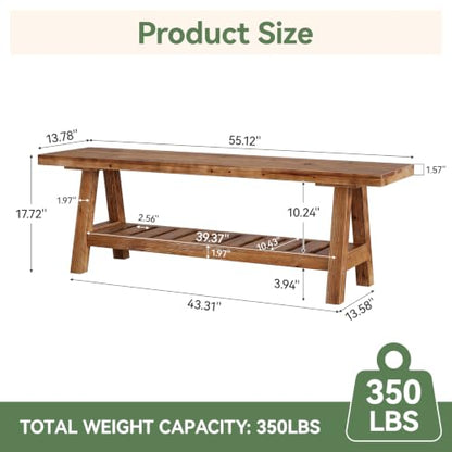 Solid Wood Dining Bench, 55-Inch Long Bench with Open Storage Shelf, 2-Tier Farmhouse Indoor Seating for Dining Room, Kitchen and Small Spaces, Brown