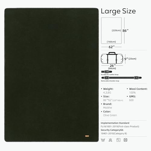 Molithe 100% Wool Blanket, 62" x 86", Warm, Thick, Washable, Military - color: Olive Green, size: Large