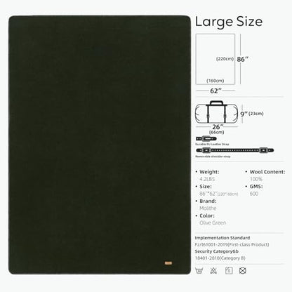 Molithe 100% Wool Blanket, 62" x 86", Warm, Thick, Washable, Military - color: Olive Green, size: Large