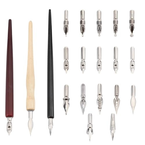 beinkmake 20Pcs Comic Pen Nib Set 17 Styles Stainless Steel Dip Pen Nib Replacement 3 Colors Wooden Pen Holder for Writing Drawing Signing