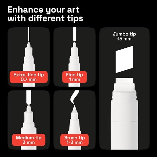 ARTISTRO White Paint Pens - Various Tips - Set of 5 | Acrylic Paint Markers, Water-Based, For Rock, Glass, Ceramic, Wood, Tire, Fabric, Metal, Canvas, Marking, Painting - color: White, style: Different Tips